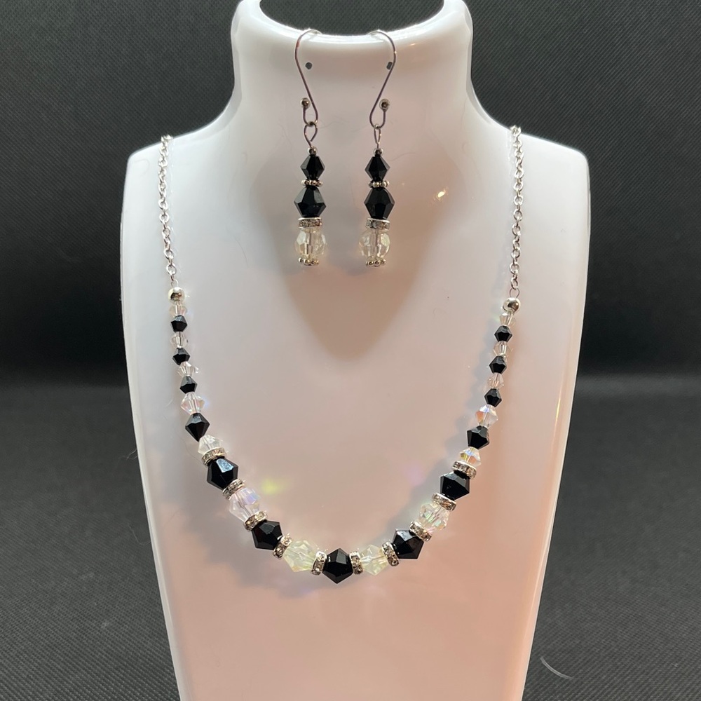 Elegant Black and Clear Swarovski Crystal Necklace and Earrings Set